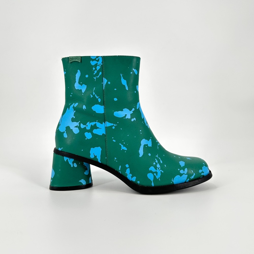 Camper Kiara Green Blue Paint Splatter Leather Ankle Boots Block Heel EU 38 US 8